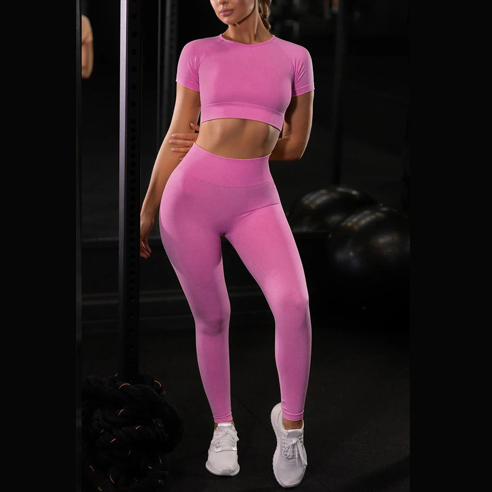 Seamless Yoga Sport Set for Women – Short Sleeve Top and Running Leggings Fitness Apparel - Rose Red / C / S