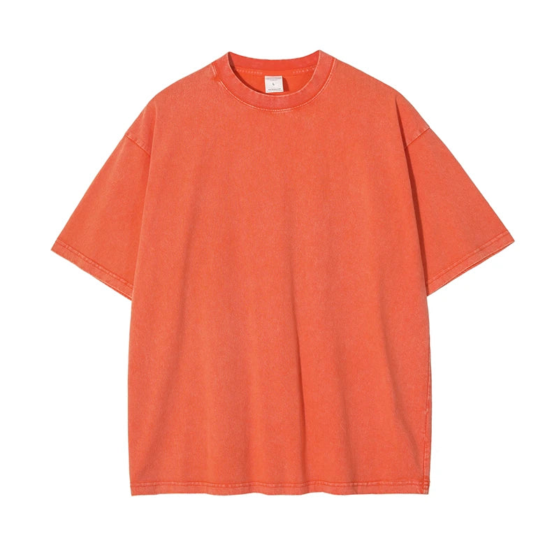 ZODF 2025 High Street Summer Washed Cotton Unisex Loose Retro Solid T-Shirt HY0113 - Orange / XL / China Mainland