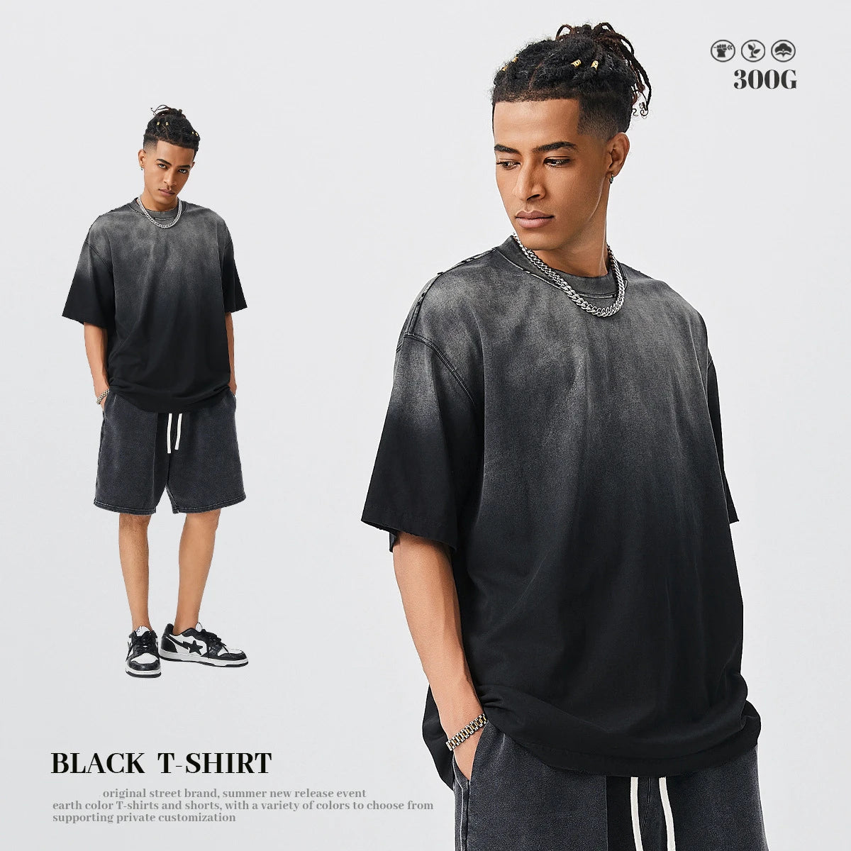 ZODF Men’s Summer Washed Gradient Cotton T-Shirt Unisex Retro Distressed 310gsm Ripped Top HY0859 - black / XL / China
