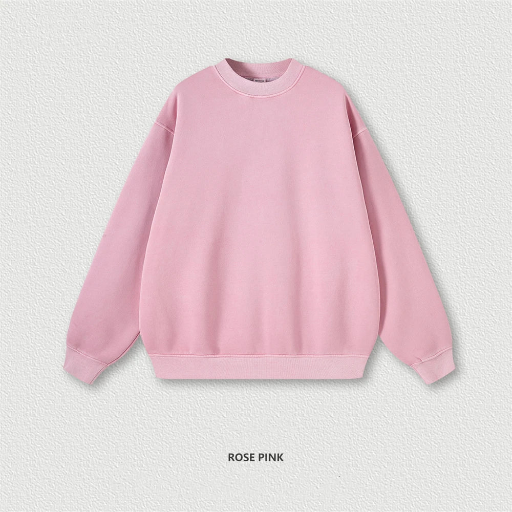 ZODF Men’s Winter 355gsm Washed Fleece O-Neck Oversized Solid Sweatshirt Retro Casual Pullover HY0639 - Pink / L