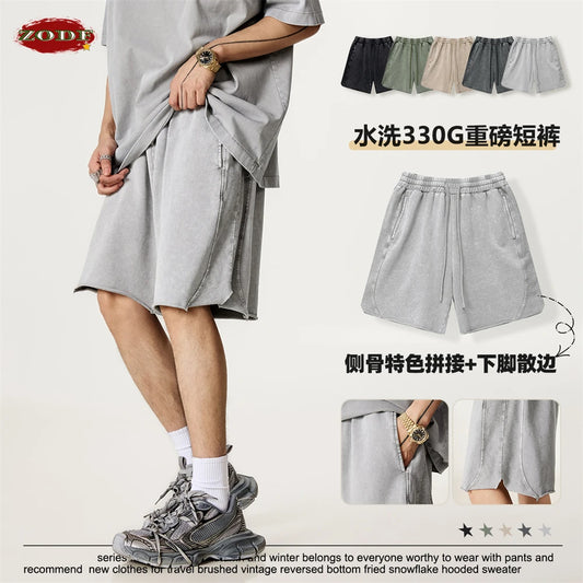ZODF Vintage 2025 Summer Washed Cotton Shorts For Men Unisex Retro High Street Loose Edge Distressed 330gsm Shorts HY1011