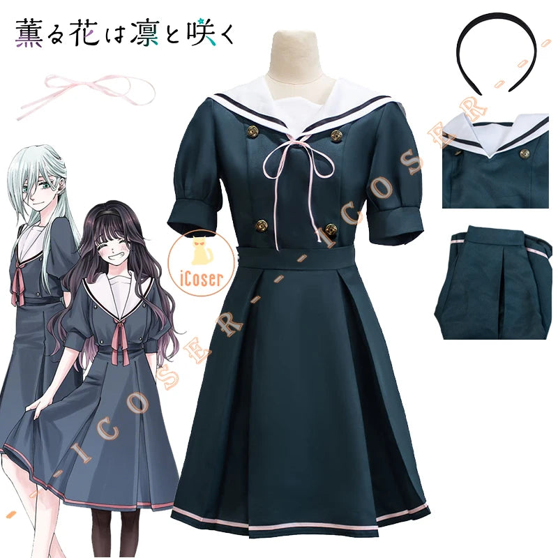 Kaoruko Waguri Cosplay Summer Skirt Dark Blue Dress Anime The Fragrant Flower Blooms with Dignity Halloween Cosplay Costume Girl