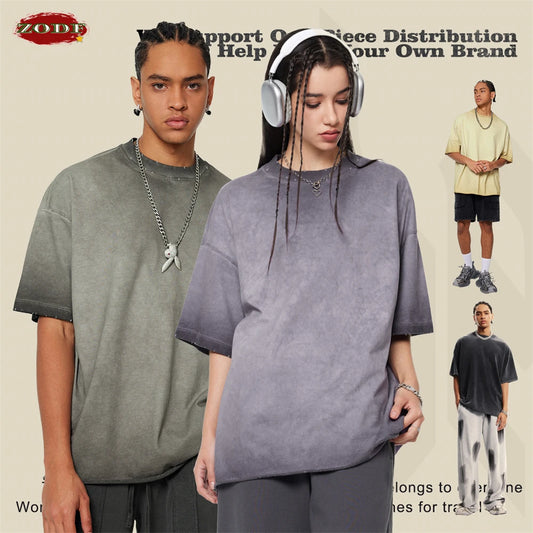 ZODF Fashion 2024 250gsm Washed Distressed T-Shirts For Men Unisex Women Retro Cotton Relax Fit T Shirt Brand Tees HY0838