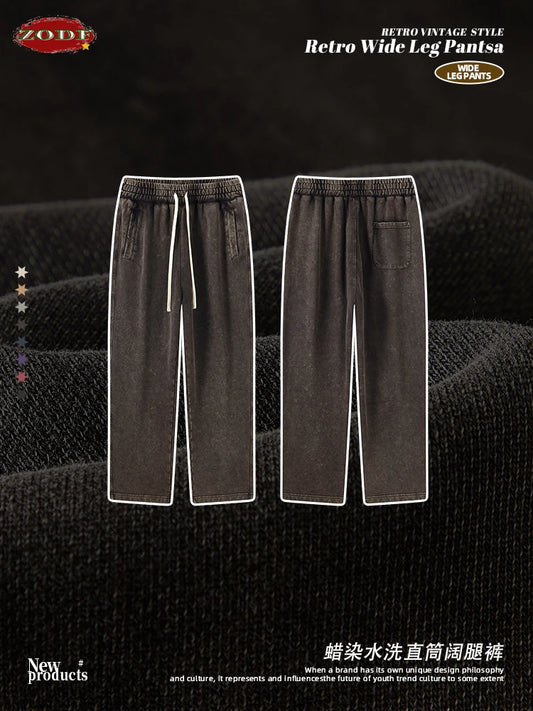 ZODF Retro Autumn Winter 420gsm Batik Washed Straight Pants For Men Unisex Loose 100% Cotton Trousers Streetwears HY0937