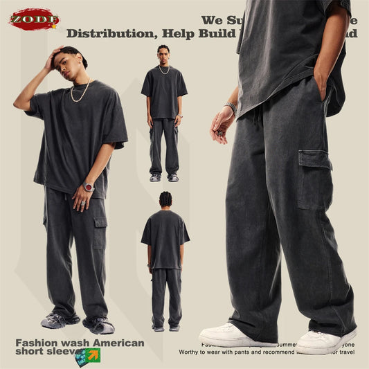 ZODF New 2024 Spring Summer 358gsm Cotton Cargo Pants For Men Unisex Casual Washed Straight Multi-Pockets Loose Trousers HY0829