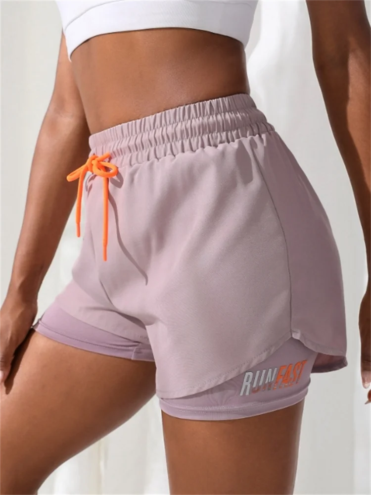 Women’s High Rise Elastic Waist Yoga and Running Shorts Fake Two-Piece Design - Purple / S