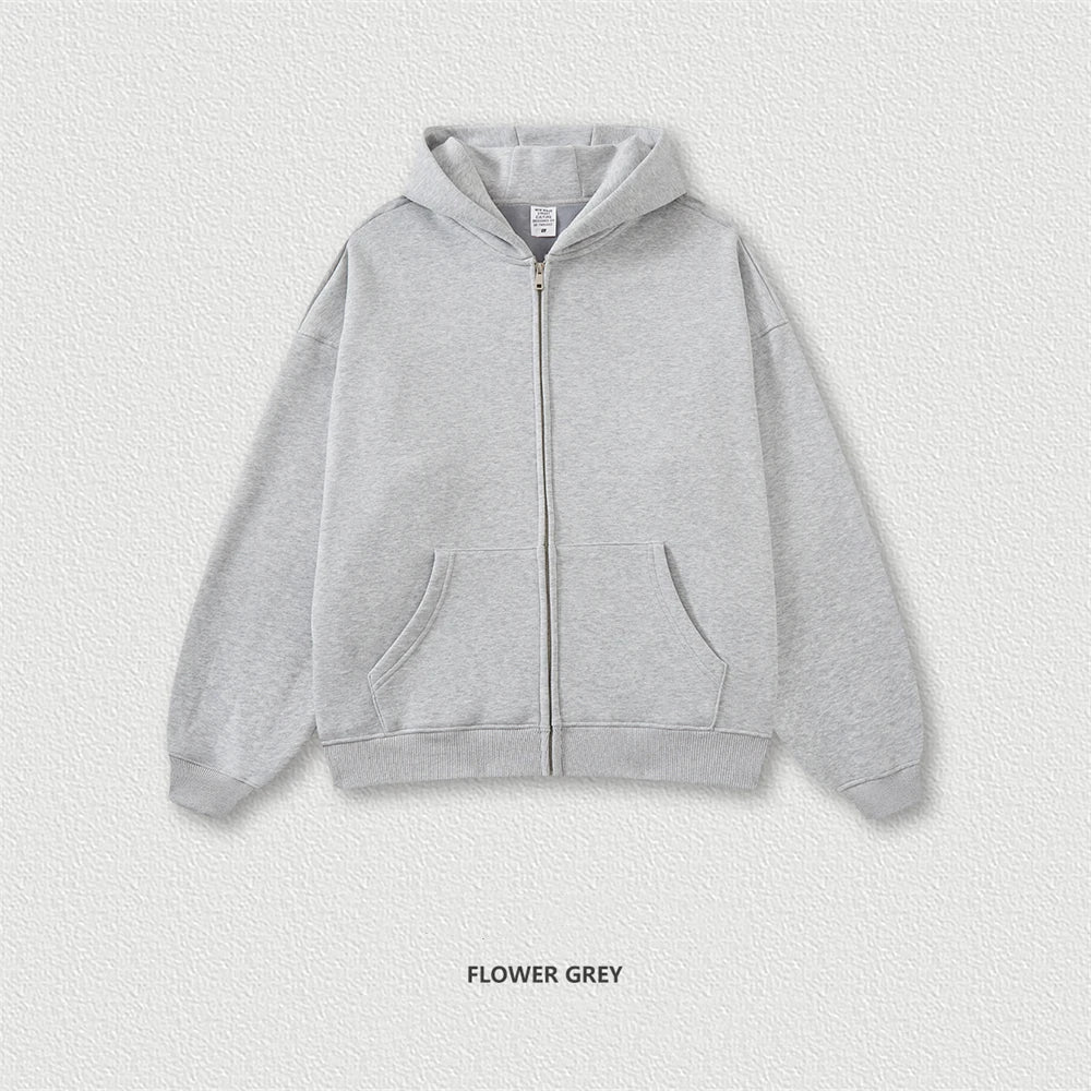 ZODF New Winter Men Zipper Fleece Hoodies Unisex Loose Heavy Weight Thick Warm Basic 420gsm Hooded Coats Hoodie HY0747