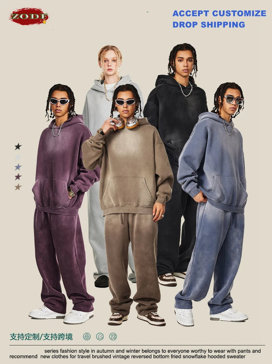 ZODF Autumn Winter Monkey Washed Fleece Hoodies For Men Unisex Basic 360gsm Warm Knitted Hooded Pullovers Coats HY0903