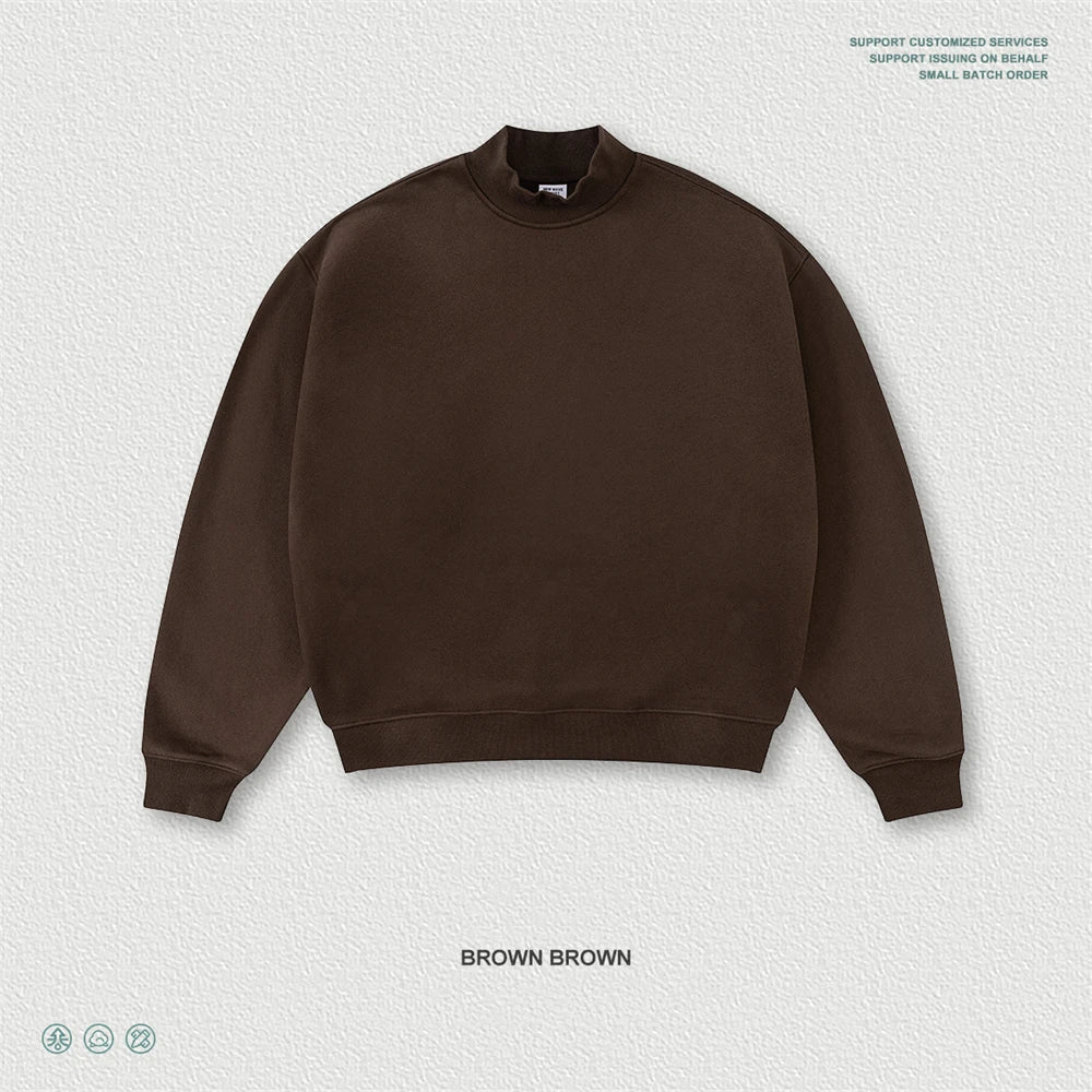ZODF Winter Men’s 345gsm Loose Fit Fleece Sweatshirt Unisex Casual Boxy Warm Half Turtleneck Pullover HY1181 - Brown