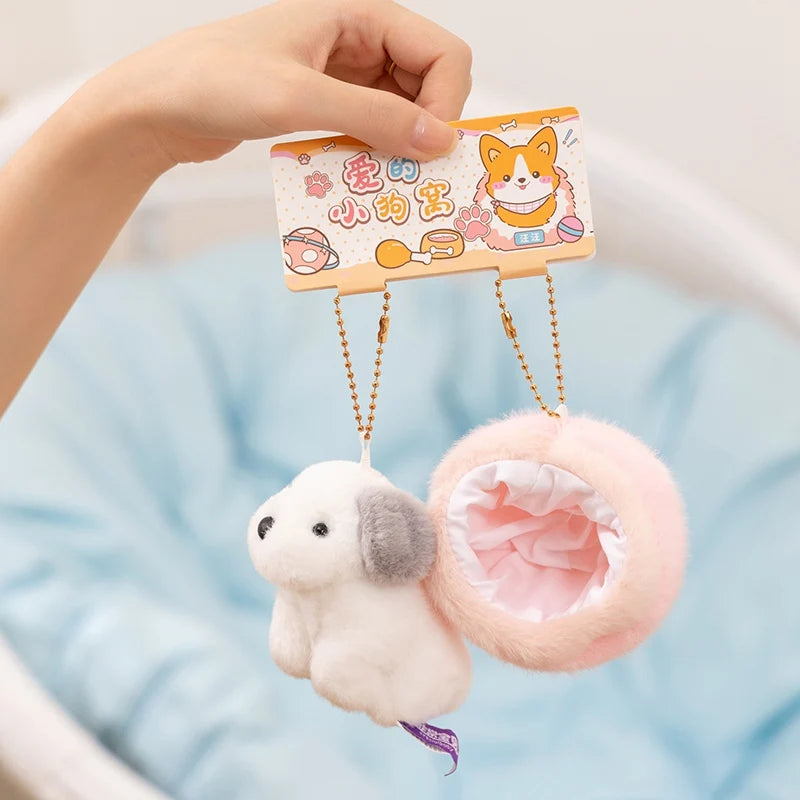 10cm Mini Cute Dog Plushies 2 in 1 Kawaii Soft Bag Pendant Love Dog in Doghouse Plush Toy Corgi Schnauzer Stuffed Doll Girl Gift