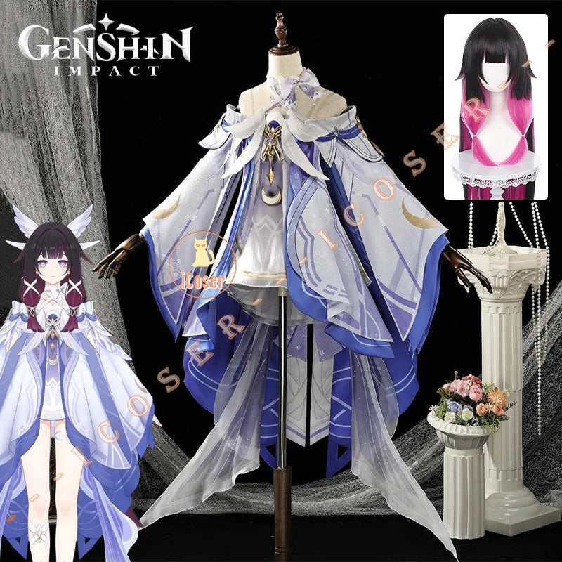 Genshin Impact Columbina Cosplay Costume Wig The Damselette Dress Uniform Eleven Fatui Harbingers Halloween Party for Women Girl