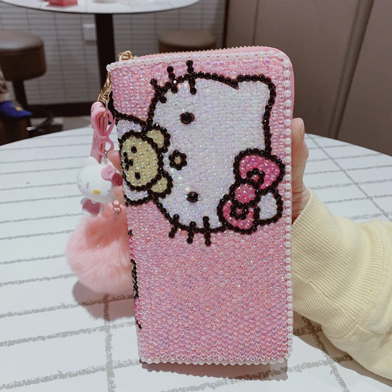 New Sanrio Cute Full Diamond Hello Kitty Wallet Sticker Full Diamond Lady Girl Heart Long Zipper Wallet Mobile Bag