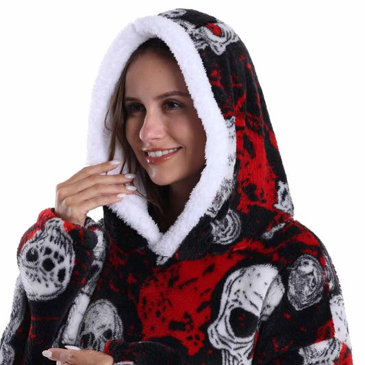 Short/Long Hoodie Blanket for Adults Winter Soft Thicken Warm Wearable Blanket Hoodie with Sleeves Halloween Pajamas for Couples