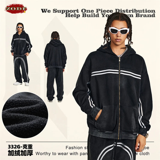 ZODF Retro 2024 Winter Men Zipper Fleece Hoodies Unisex Oversized Washed 360gsm Sport Knitted Hooded Coat HY0905