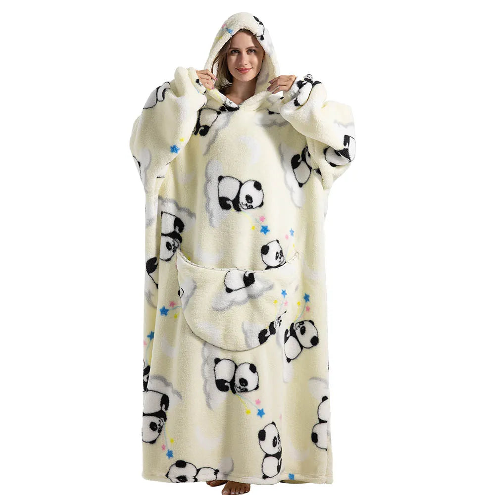 Oversized Blanket Hoodie for Adults Long Women Men Clothes Winter Thicken Fluffy Wearabled Hooded Blanket Warm Flannel Blankets