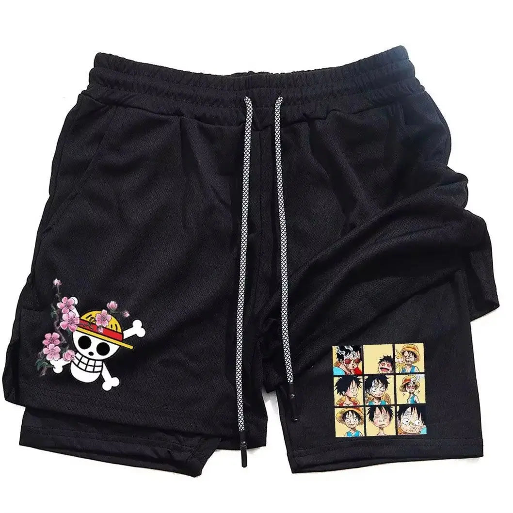 One Piece Luffy Anime Men Gym Shorts Summer Cartoon Print Quick Dry Streetwear Fashion Double-layer Sports Pants Men's Clothing