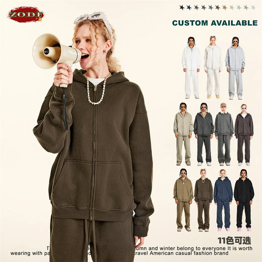 ZODF Fashion Winter Men Warm Zipper Fleece Hoodies Unisex Loose Basic 345gsm Knitted Hooded Hoodie Coats HY0904