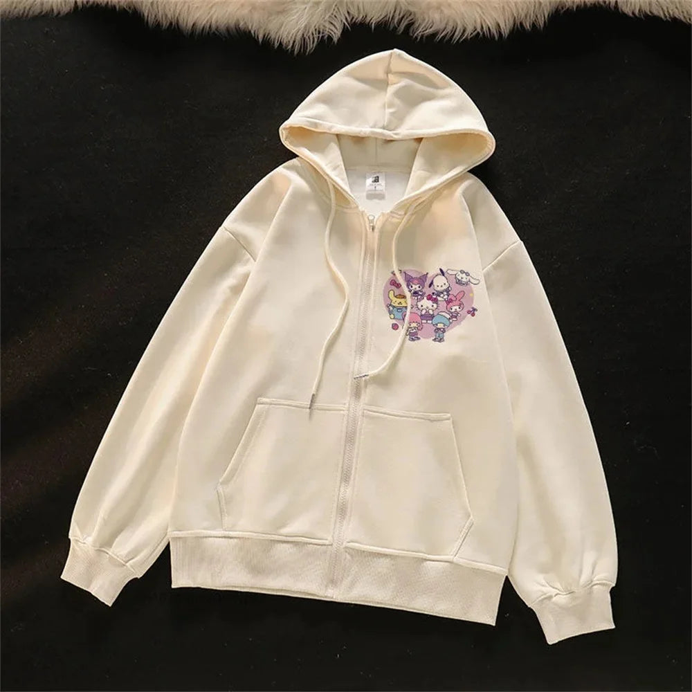 2025 New Sanrio Hello Kitty Jacket 2000s Zip Hoodie White Sweatshirt Young Women Fall Winter Kawaii Lolita Jacket Student Tops
