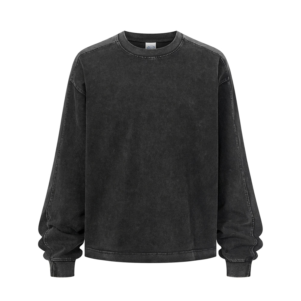 ZODF Retro 285gsm Batik Washed Cotton Man's T-Shirts Unisex Solid Loose Distressed Patchwork Full Sleeve Tee Shirt Tops HY1161