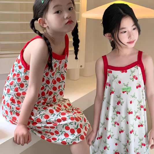 Kids Girls Nightgown Cartoon Nightdress Girl Sleepwear Nightie Summer Sleeveless Floral Print Cats Nightwear Children Clothes