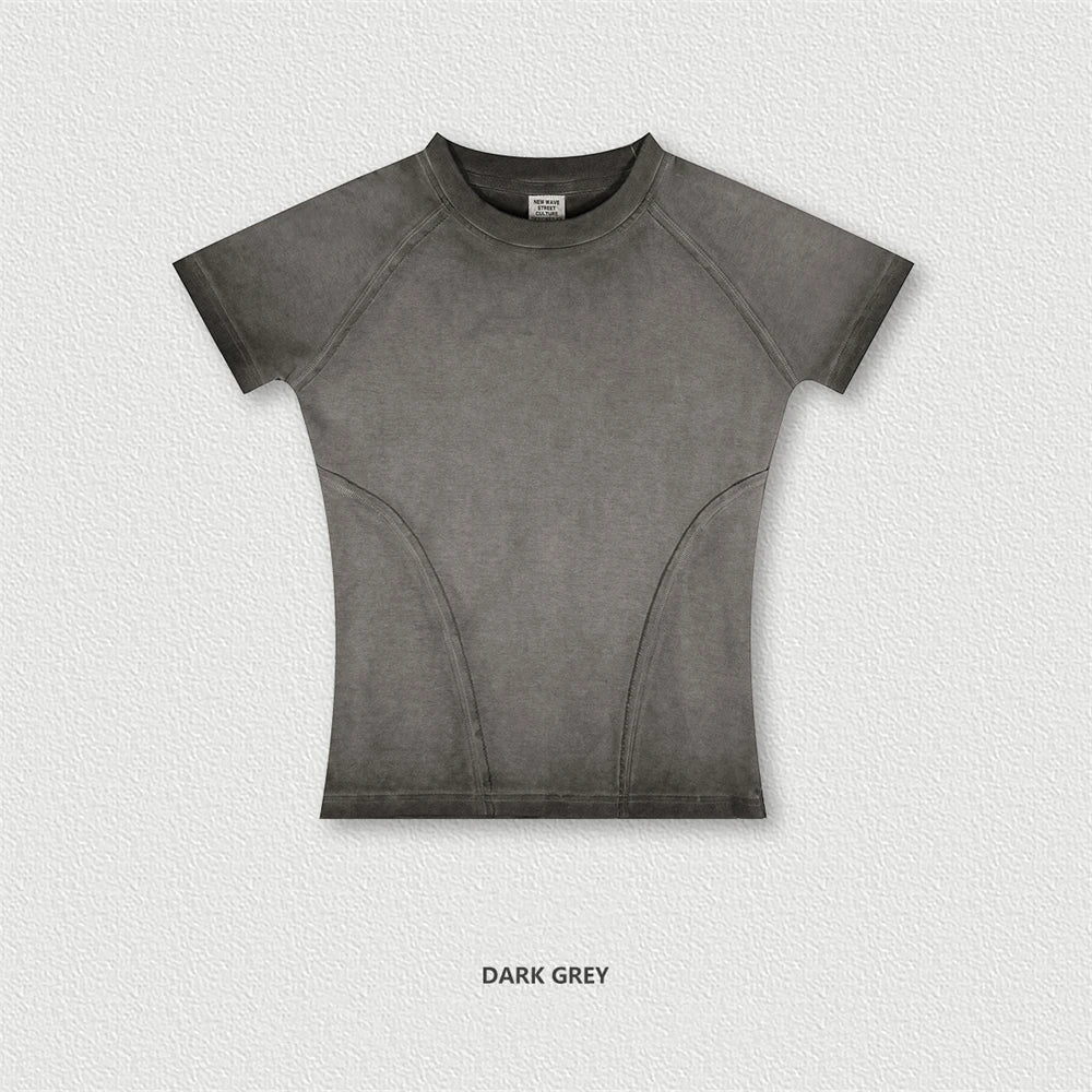 ZODF 2024 Summer Washed Gradient Raglan Sleeve Comfortable Short T-Shirt for Women and Girls HY0826 - Dark Grey / S