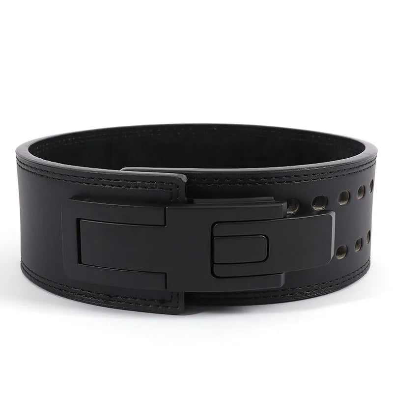 Weightlifting Belt Cowhide Leather Lever Buckle Waist Support for Powerlifting Squat Deadlift Gym Training - Black-110CM