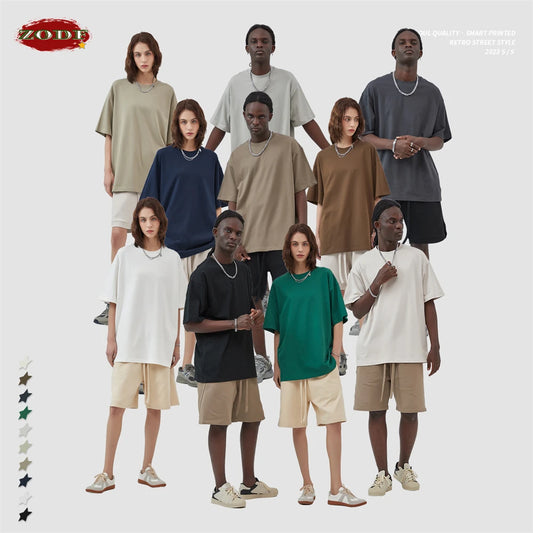 ZODF New Summer Men 275gsm Cotton T Shirts Unisex Women High Street Oversized FG Noshrink Solid T-Shirt Streetwears HY0152