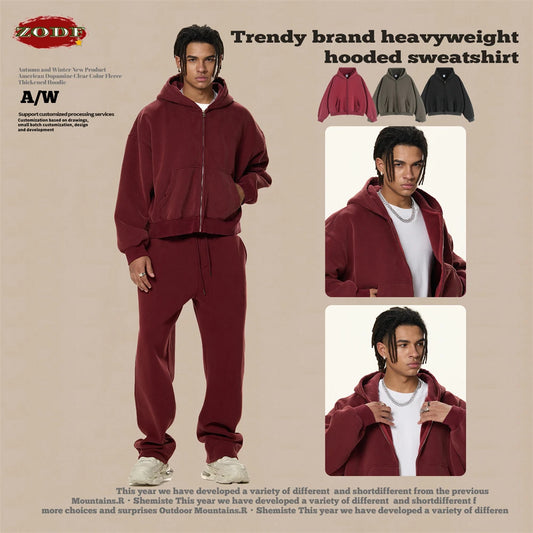 ZODF Retro Winter 350gsm Washed Zipper Fleece Hoodies For Men Unisex Loose Fit Boxy Style Thick Warm Hooded Coat Outfits HY0042