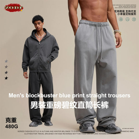 ZODF Vintage 2025 Winter 480gsm Straight Pants For Man Unisex Washed Distressed 100% Cotton Loose Trousers Brand Clothing HY1121