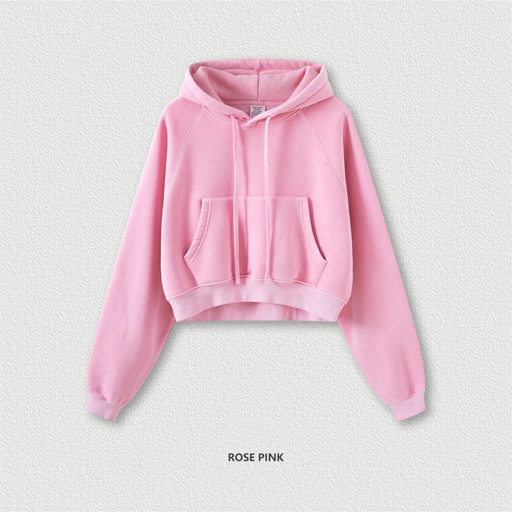 ZODF Women Hotsweet 2025 Winter Washed Fleece Crop Hoodie Oversized Raglan Sleeve 400gsm Pullover HY0648 - Pink / XL