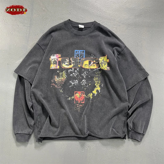 ZODF Retro 2025 Autumn Men 345gsm Washed Full Sleeve T-Shirts Unisex Heavy Weight Punk Style Printing Cotton T Shirt HY0012