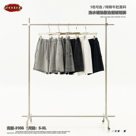 ZODF Retro 2025 Summer High Street Cotton Shorts Unisex Vintage Washed 310gsm Holes Distressed Shorts Brand Streetwears HY0985