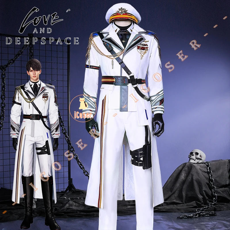 iCoser Love and Deepspace Caleb Cosplay Costume White Farspace Colonel Uniform Cap Combat Outfits Halloween Party for Women Men