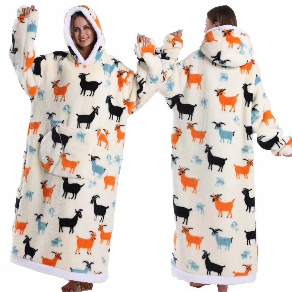 Oversized Blanket Hoodie for Adults Blue Leopard Cartoon Long Plush Thick Wearable Blanket with Sleeves Women Man Winter Clothes