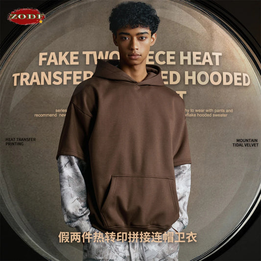 ZODF Fashion Winter Fake 2-Piece 340gsm Fleece Hoodies For Men Unisex High Street Camouflage Sleeve Hooded Pullovers HY1153