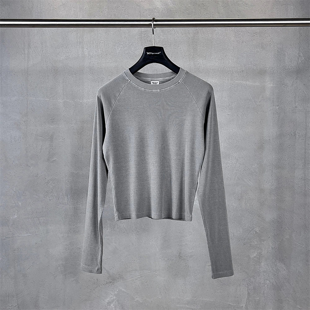 ZODF Sexy Autumn Washed 275gsm Full Sleeve Slim Fit Distressed T-Shirt for Women Girls HY1145 - GRAY / M / China