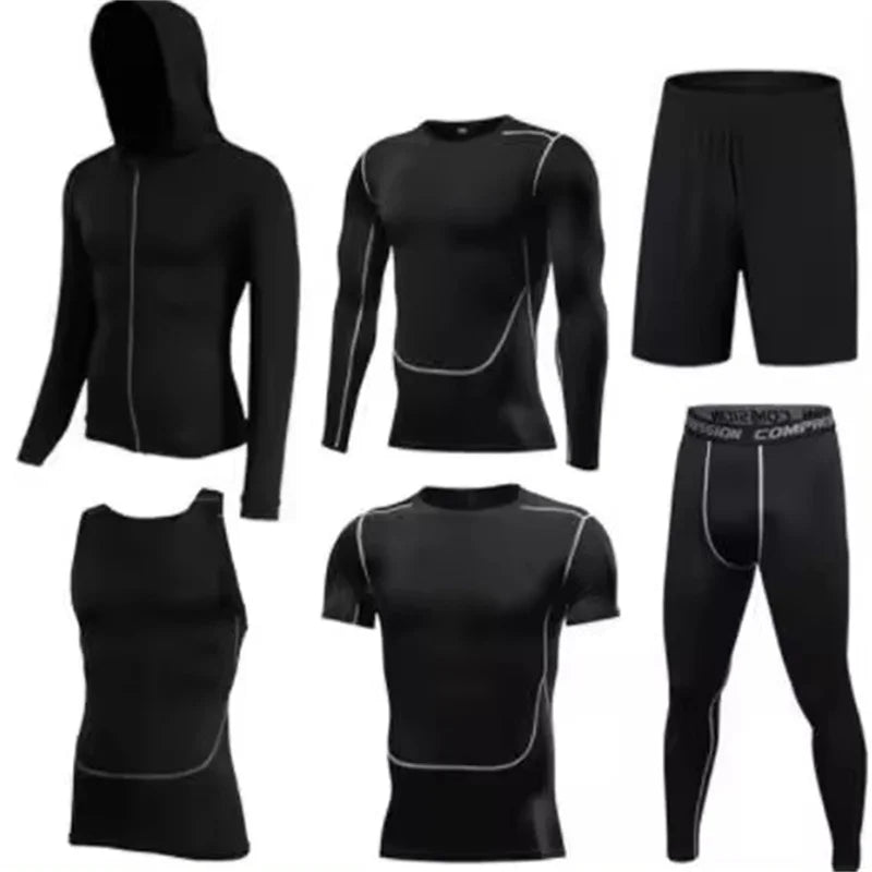 Men’s 5pcs MMA Boxing Suit Set Rashguard Compression Long-Sleeve T-Shirt & Leggings Tracksuit - Beige / M