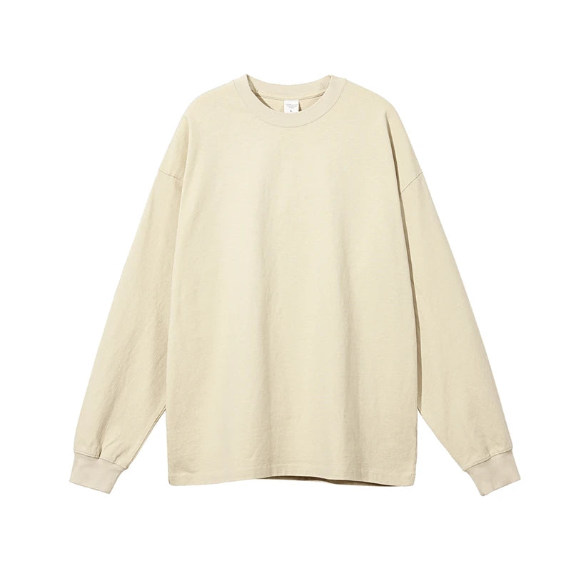 ZODF Retro Autumn Full Sleeve Washed 100% Cotton 310gsm Casual Loose Fit Solid T-Shirt for Men Unisex HY0405 - Beige