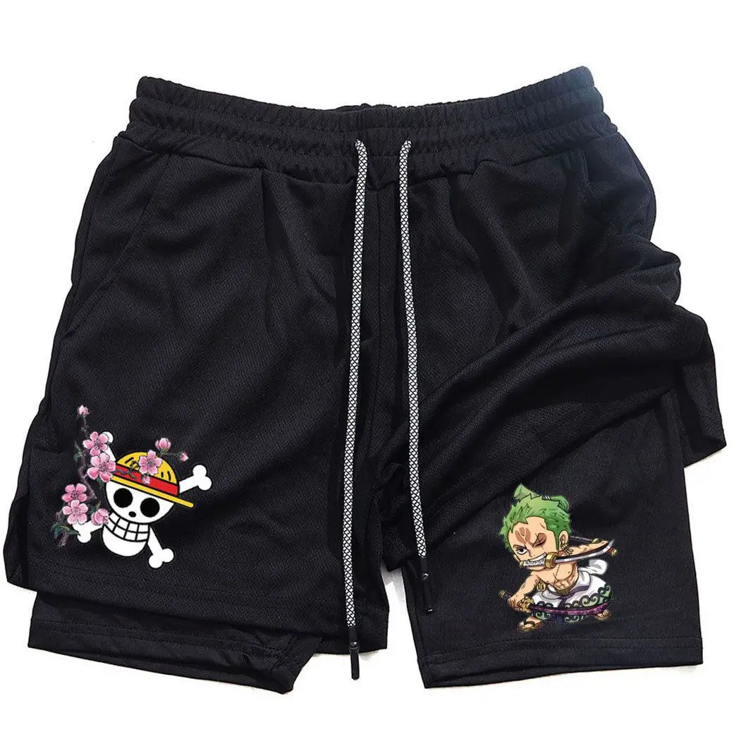 New Summer One Piece Anime Gym Shorts Man Women Double-Layer Mesh Breathable Sports Shorts Y2k Casual Fitness Quick-drying Pants