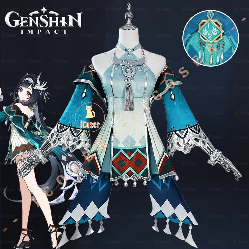 Lan Yan Cosplay Costume Wig Dress Genshin Impact Headwear Liyue Spring Woven From Jade Halloween Party for Women Girls Accessory