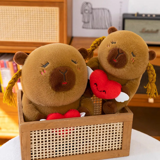 Capybara Plush Toy Cute Ugly Charming Love Heart Hair Braid Pillow Stuffed Animal Kids Birthday Christmas Gift for Children