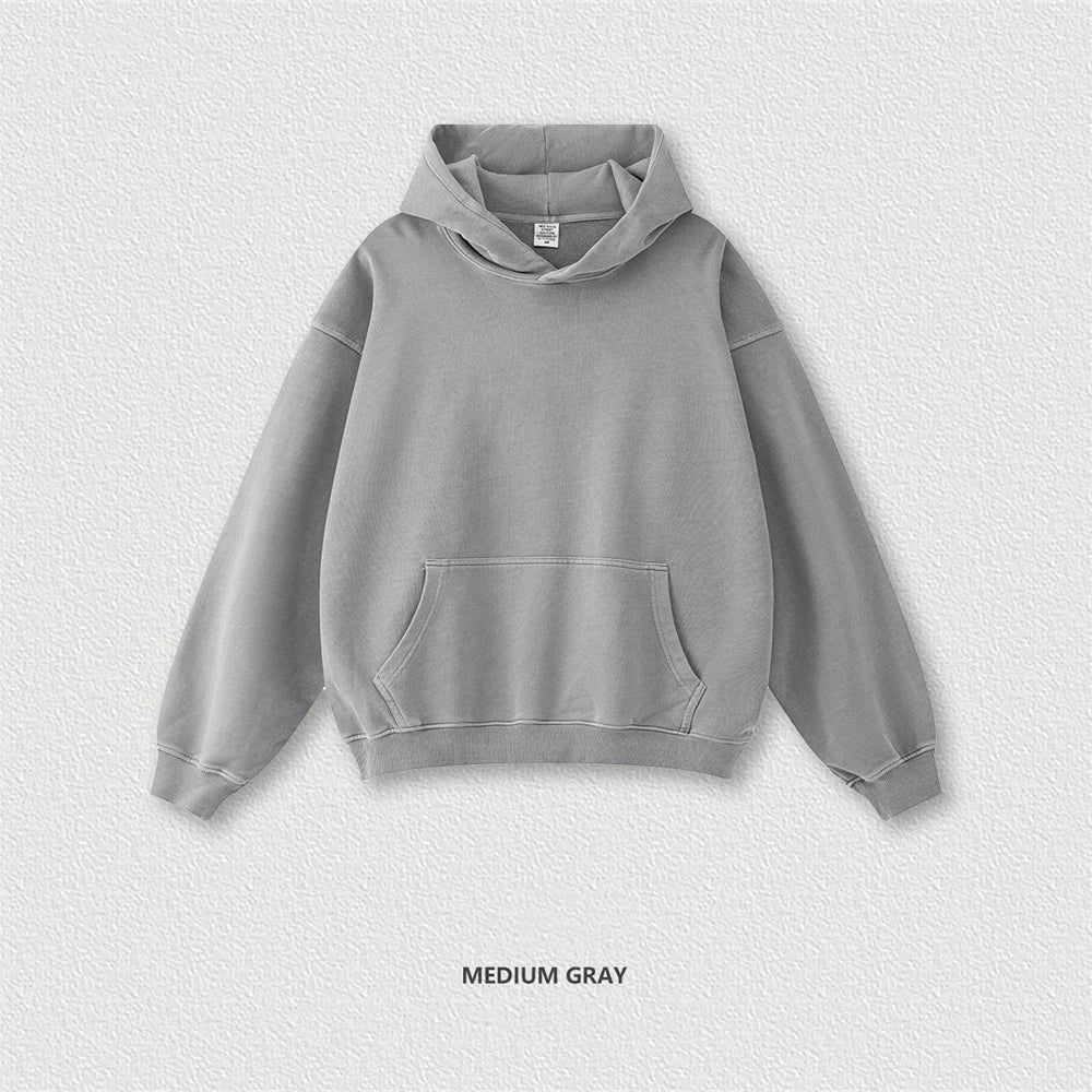 ZODF Retro Autumn Winter Washed Cotton 380gsm Loose Fit Unisex Hooded Pullover Hoodie HY0884 - GRAY / M / China Mainland