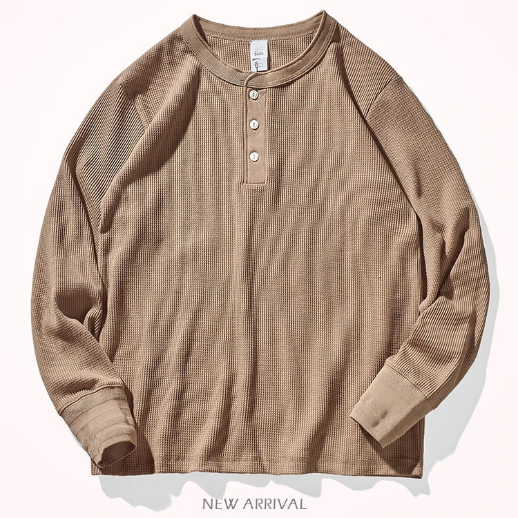 Autumn Winter Heavyweight Retro Men’s Waffle Long-Sleeve Henley Collar Loose Fit T-Shirt - Khaki / XL