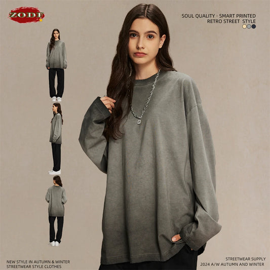 ZODF New 2024 Autumn Washed 100% Cotton T-Shirt For Men Unisex Loose Distressed 275gsm O Neck T Shirts Brand Tops HY0924