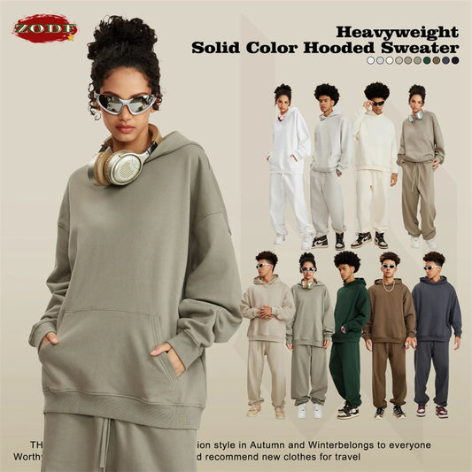 ZODF New Winter 440gsm Terry Hooded Hoodies For Men Retro Unisex Couple Loose Oversized Solid Pullovers Streetwears HY0664