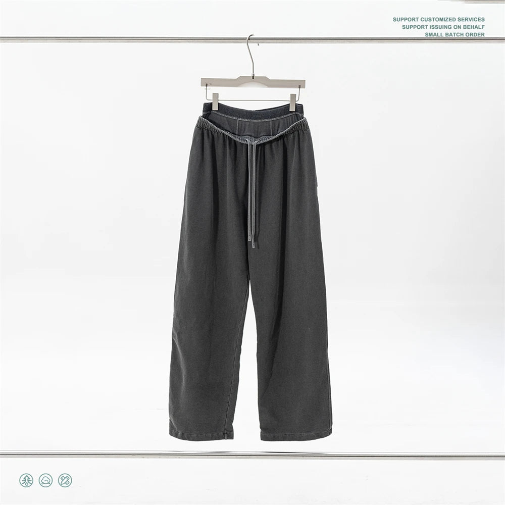 ZODF Retro Women Washed 370gsm Straight Pants Vintage Girls Female Loose Double Waist Wide Leg Cotton Trousers HY1150