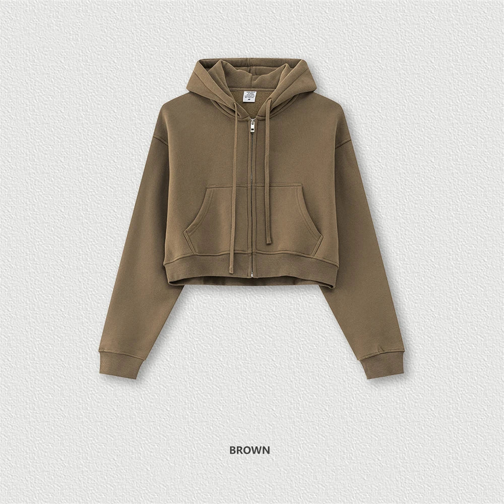 ZODF 2024 Winter Women Solid Zipper Crop Hoodie 345gsm Warm Fleece Short Hooded Zip-Up Coat HY0911 - Brown / S / China