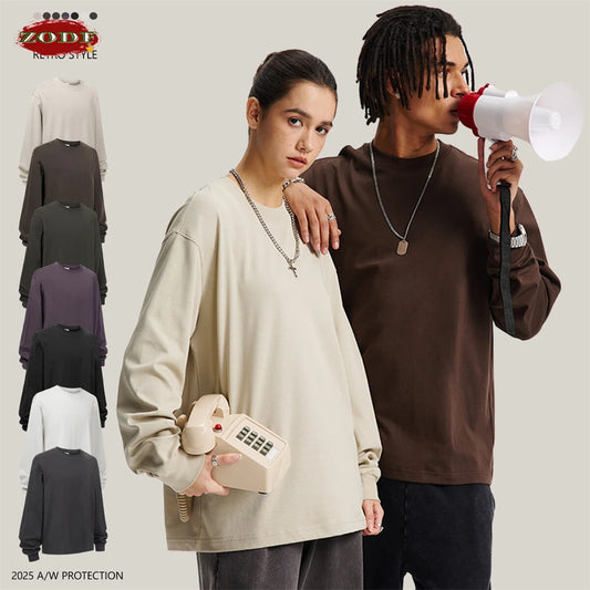 ZODF Trendy Autumn Full Sleeve 245gsm T-Shirts For Men Unisex Loose Solid Quick Dry Antibacterial T Shirt Brand Tees HY1162