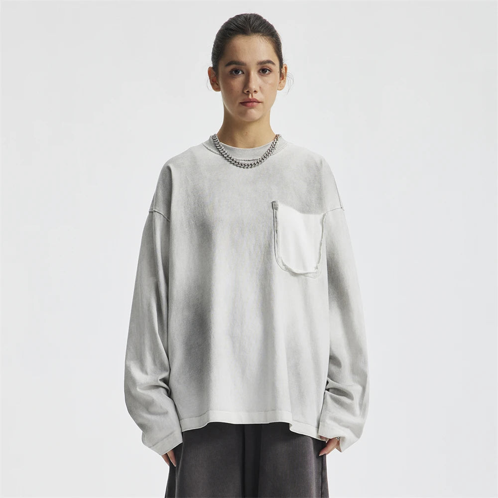 ZODF Retro Man's 325gsm Cotton Full Sleeve T-Shirts Unisex Distressed Wastland Style Monkey Washed T Shirt Tees HY1160