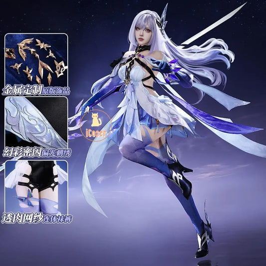 Genshin Impact Skirk Cosplay Costume Wig Dress Uniform Headwear Metal Accessories Festival Halloween Party for Women Girl iCoser